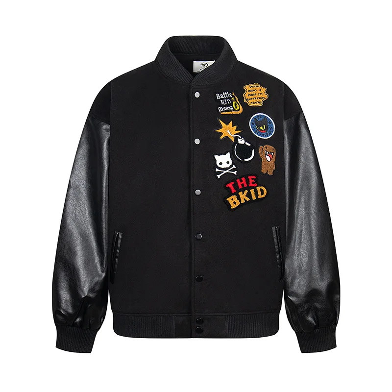 

Men's Varsity Baseball Jacket With Embroidered Patches High Street College Compus Coat Leather Sleeve Patchwork Outerwear