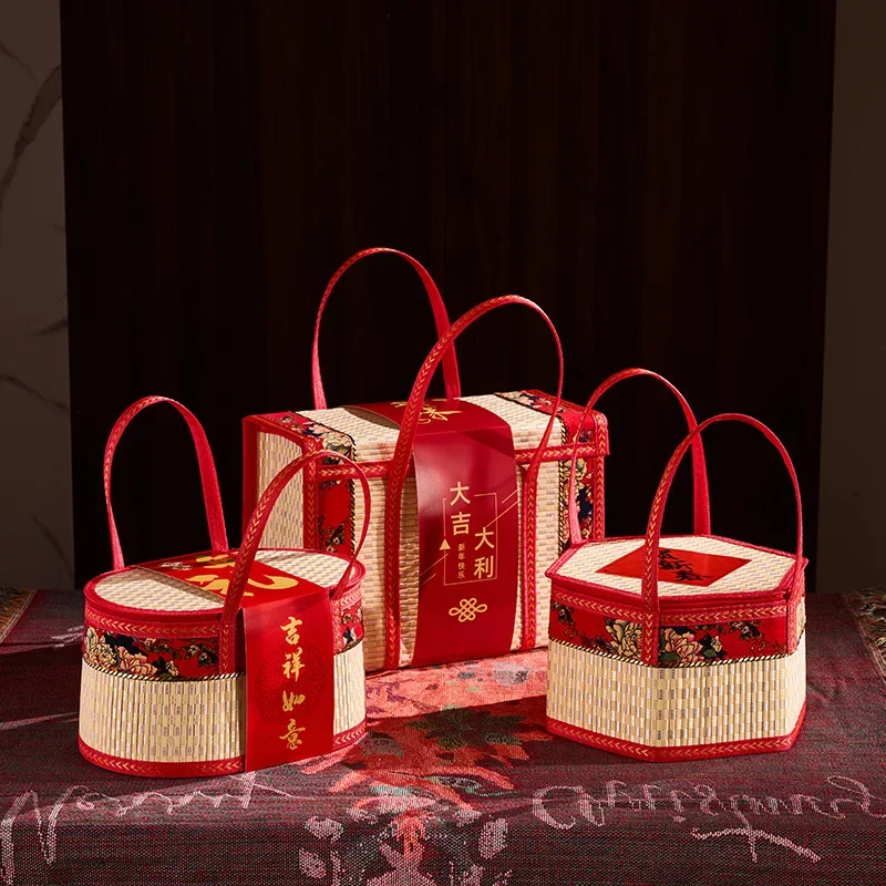 Eco-friendly Bamboo Woven Packing Box Chinese Wedding Party Gift Box Square/cylinder Lunch Bag Fordable Picnic Storage Bags