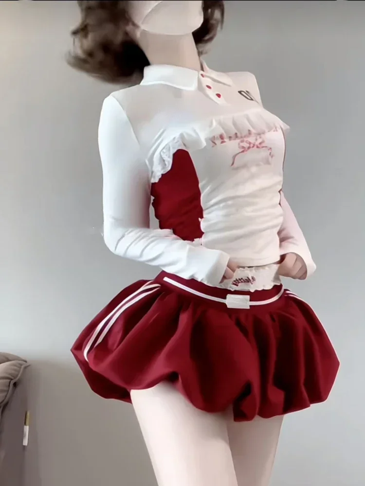 América kawaii doce 2 peça conjunto e-girls fino rendas colheita topos gola polo + vermelho bonito y2k mini saia lolita moda conjunto mulher