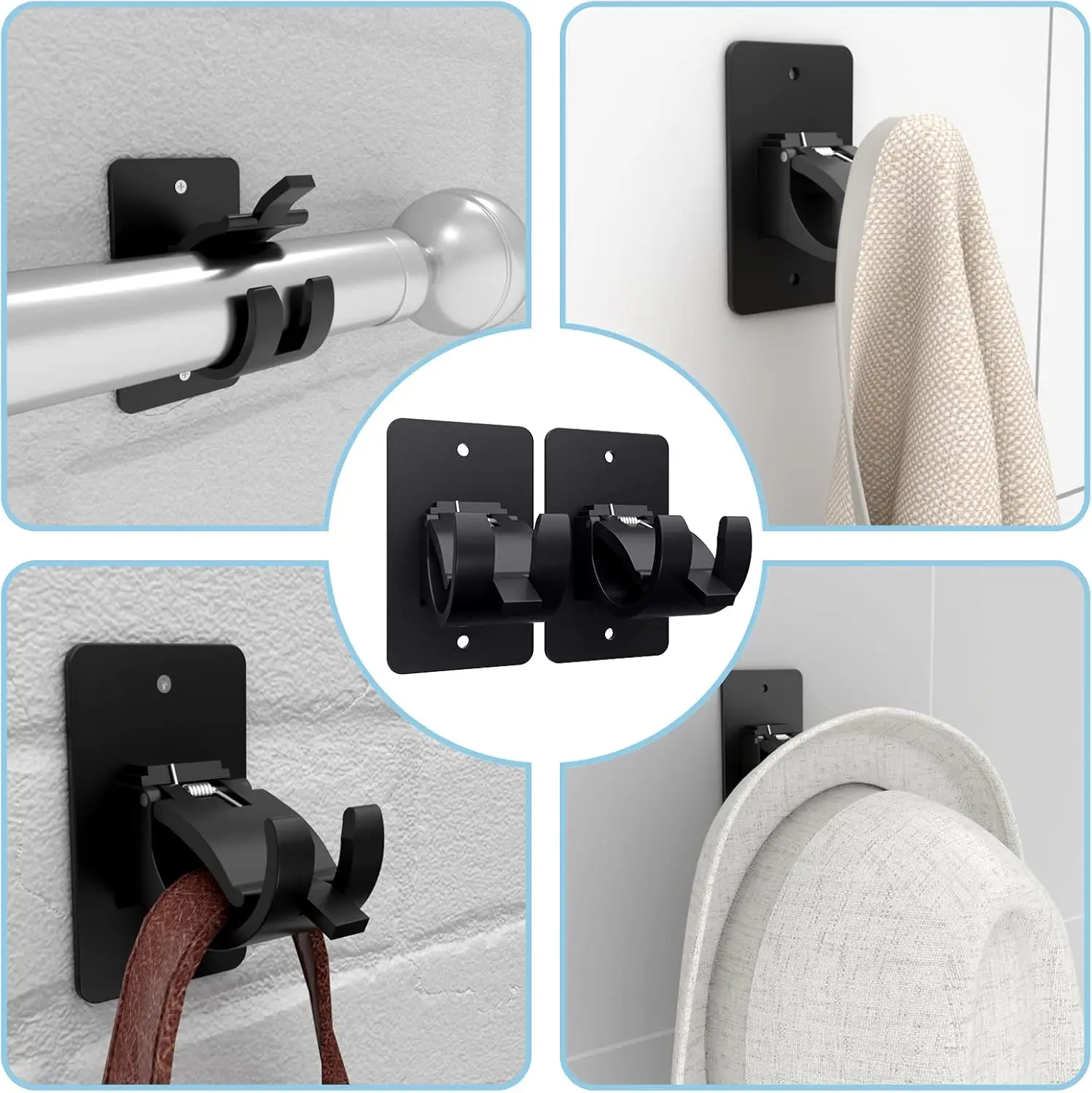 Self Adhesive Curtain Rod Brackets, No Drill Plastic Holders for Bathroom, Bedroom, Kitchen, Black view 6
