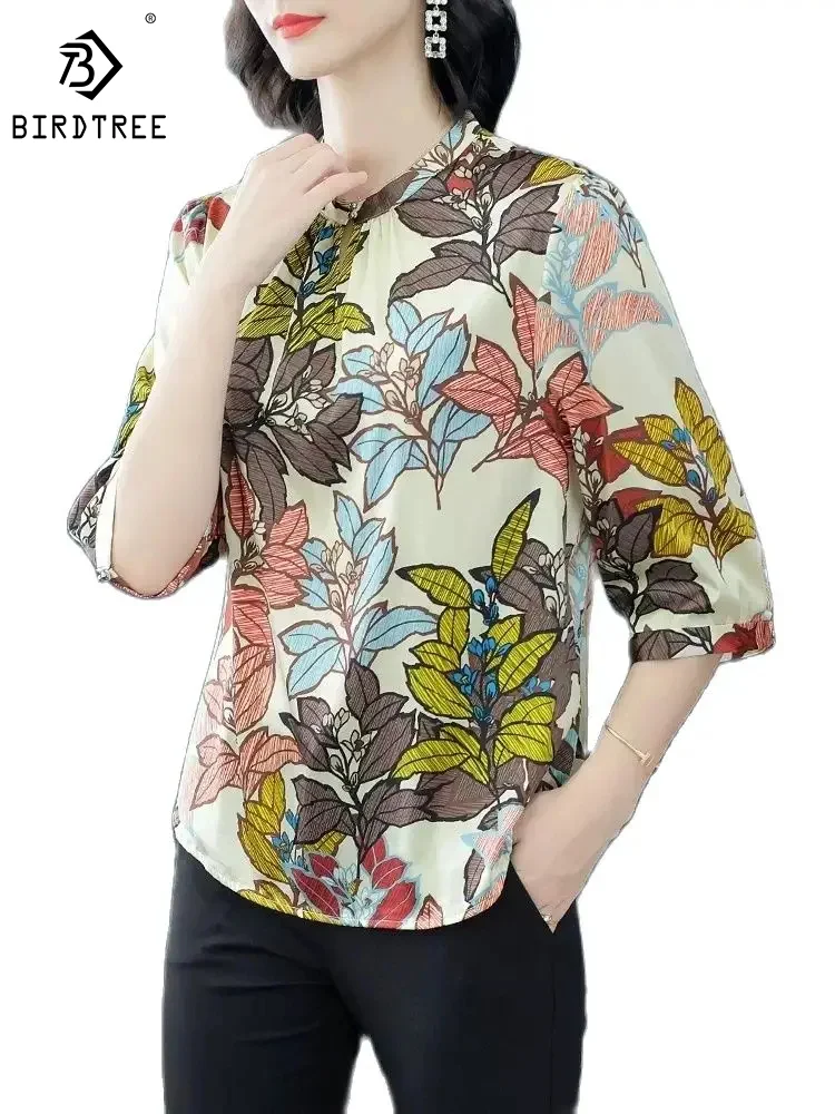 

BirdTree 93% Mulberry Silk Shirt for Women, 3/4 Sleeve Floral Print, Fashion Elegant OL Blouses, 2024 Spring New Top T42289QM