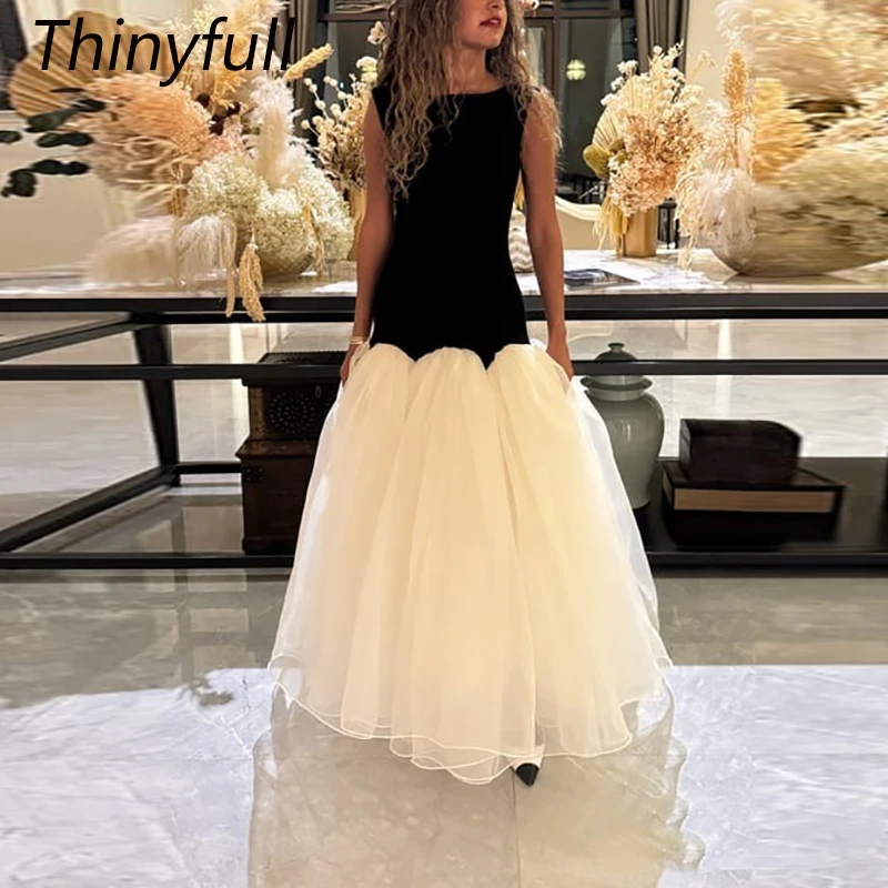 

Thinyfull A-line Black Arab Prom Dresses O-neck Sleeveless Satin/Tulle Evening Gown Long Special Occasion Dress Customized