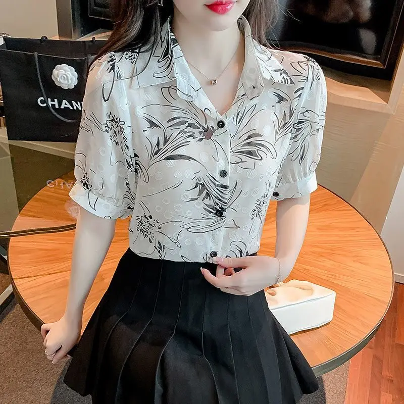 Women Summer Fashion Vintage Slim Printing Chiffon Polo-Neck Short Sleeve Shirts Women Clothes Trend All-match Appear Thin Tops