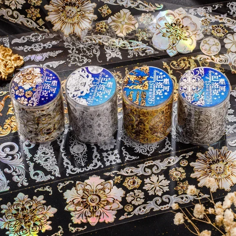 1Roll Tape 2M Gold Bronzing Transparent Silver Baroque Stars Border  Decoration Stickers Adhesives Handbook Scrapbook 50MM