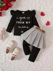 1-2 year old new baby girl spring and autumn letter print long sleeves+top plaid skirt hem long pants set