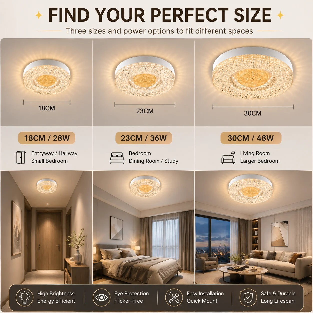 Dimmable LED Crystal Ceiling Light Flush Mount 24W 36W 48W Modern Lamp for Bedroom Living Room Kitchen 3 Color Options Available