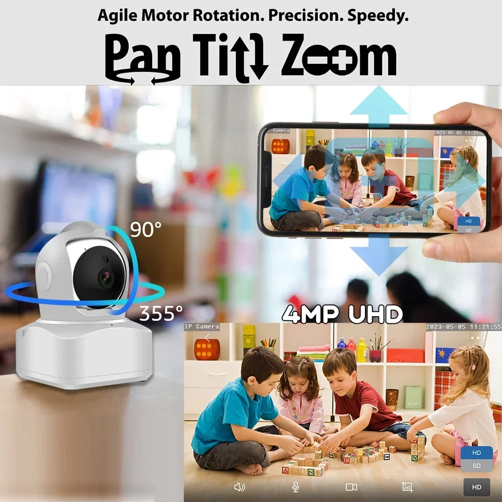 4MP Indoor WiFi Security PTZ Camera Human Detection Auto Tracking Pan/Tilt IP Camera with LAN Port Two Way Audio SD Card Slot
