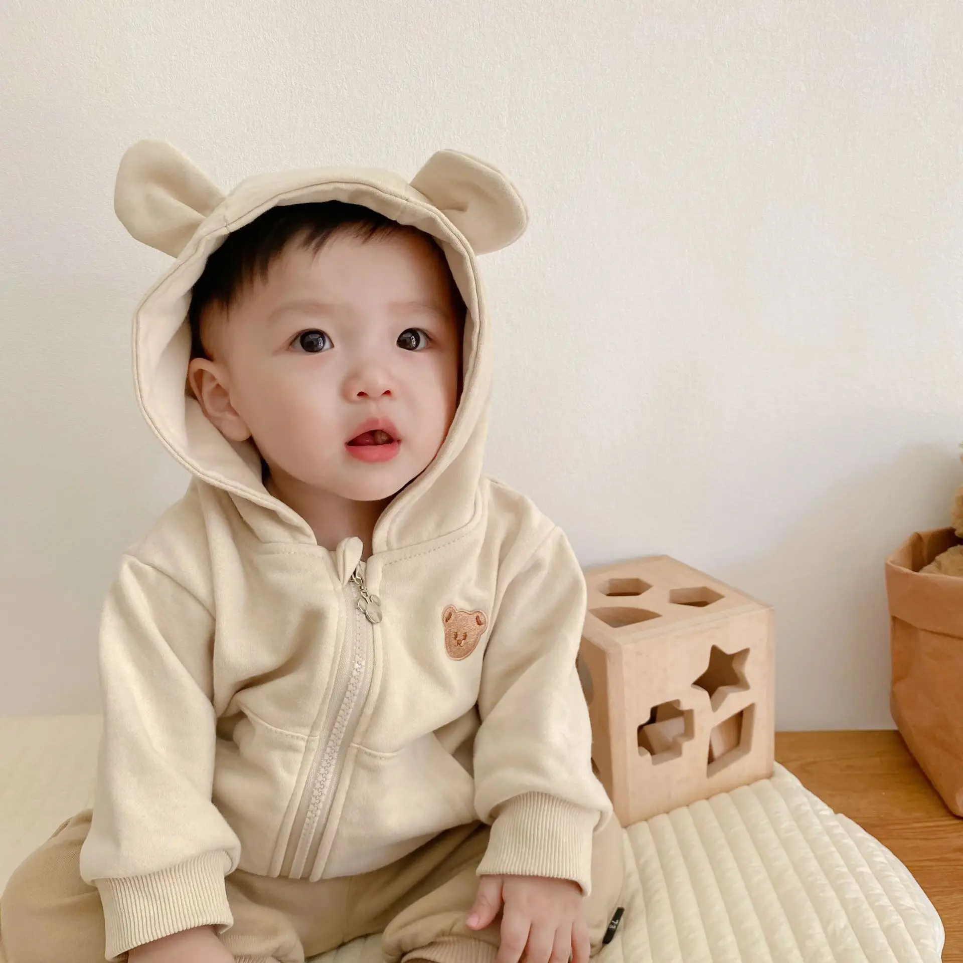 2023 Herfst Nieuwe Baby Schattige Beer Oor Capuchon Jas Baby Boy Casual Cardigan Peuter Meisje Vest Jas Kids Hoodie Baby Kleding