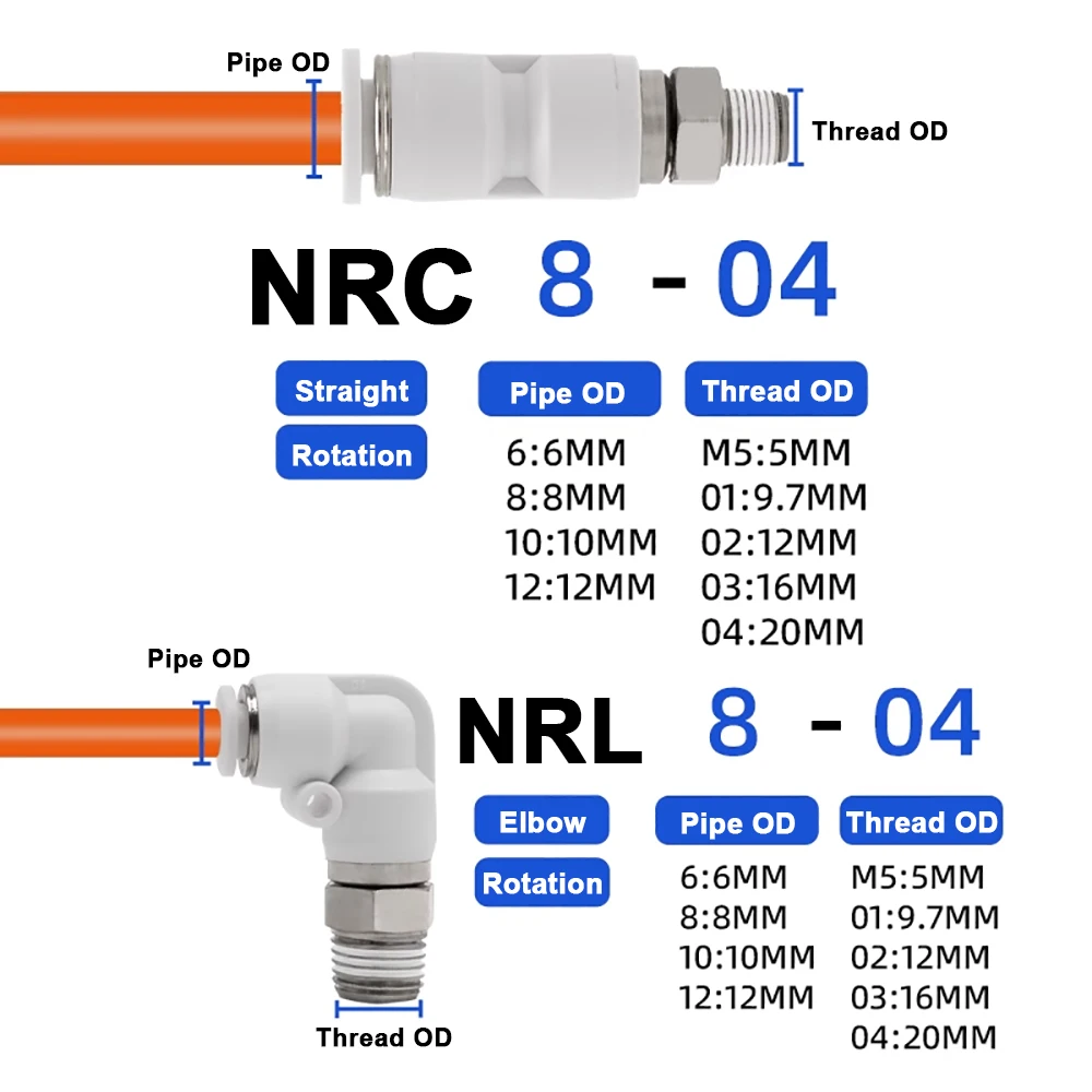 NRC NRL 1200r/min 360 الروتاري 4 6 8 10 12 مللي متر 1/8 "1/4" 3/8 "1/2" M5 BSP ذكر مستقيم الكوع النحاس البلاستيك هوائي الهواء المناسب