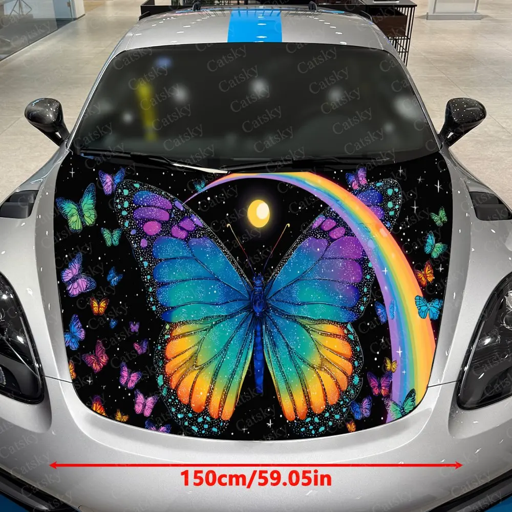 Dome Sky Rainbow Butterfly & Star Cluster Car Vinyl Wrap, PVC Material Waterproof Car Hood Sticker, Self-Adhesive Scratch-Resist