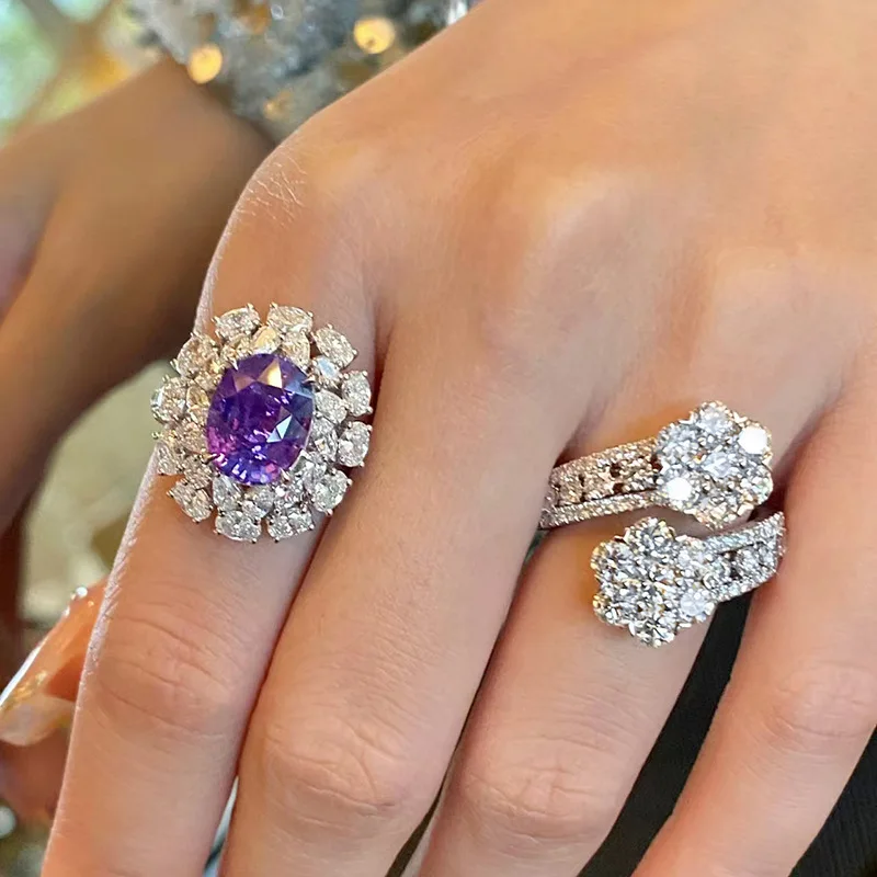 Purple Crystal Full Diamond Sparkling Ring Engagement Exquisite Flower Romantic Lace Rings for Women Wedding Jewelry Accessories