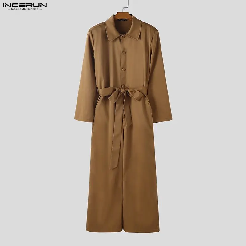 Men Jumpsuits Solid Color Lapel Long Sleeve Streetwear Casual Male Rompers With Belt Loose Fashion Men Overalls S-5XL INCERUN