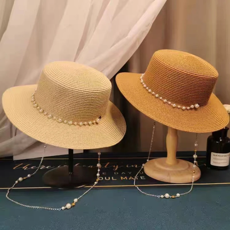 Women Summer Straw Fashion Sun Hats Panama Elegant Straw Fedoras Lady Girl Outdoor Vacation with Pearl Chain Sunshade Beach Hat