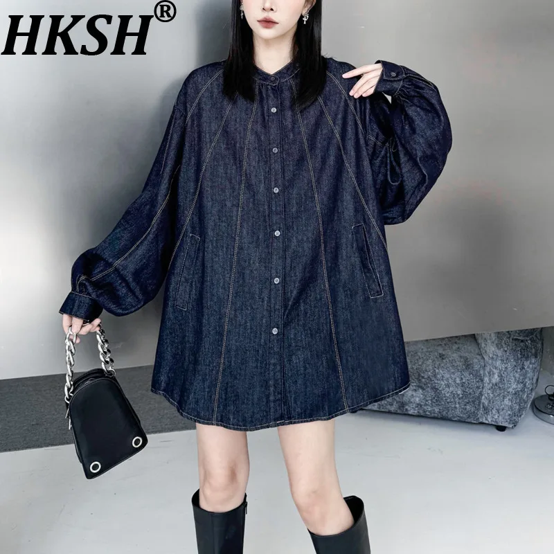 

HKSH Women Retro Denim Shirt Long Sleeves Single Breasted Topstitched Versatile Elegant High-end Trend Blouse New Spring HK20265
