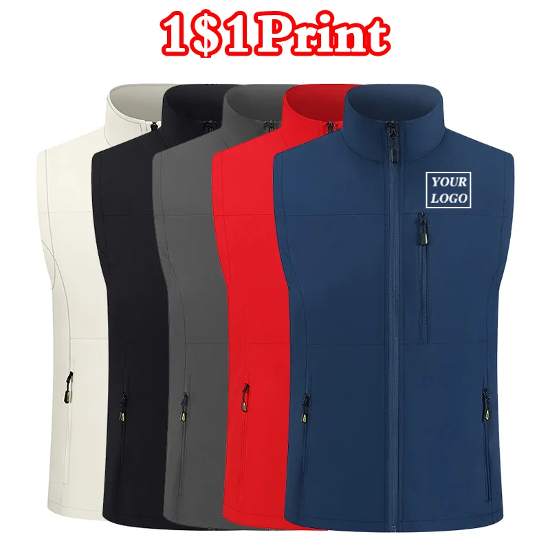 Business stand up collar vest custom printed logo casual fashion sleeveless jacket zipper pocket work clothes vest embroidery