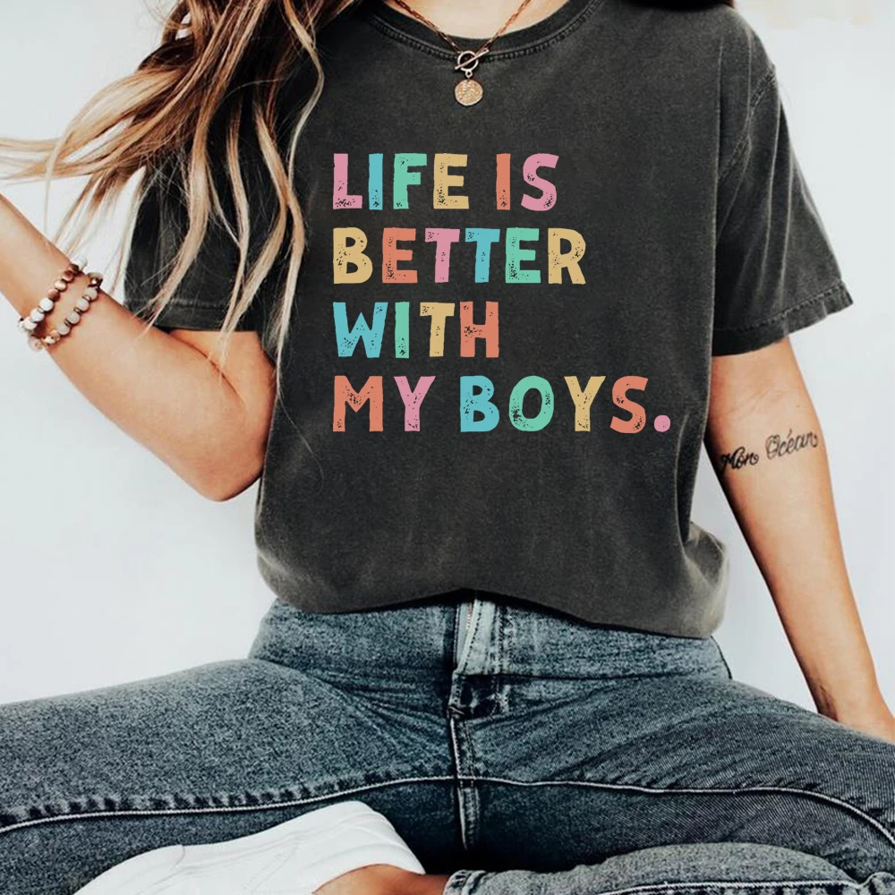 Life Is Better with My Boys T Shirt Mom of Boys Tshirt Mama Boy Shirts Fashion Women Short Sleeves Tops Mother's Day Gift