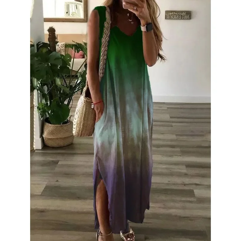 Summer Women\'s  Fashionable Women\'s Gradient Tie Dyed Printed Split Long Dress Casual V-neck Sleeveless Loose Long Dress