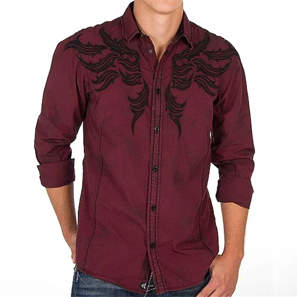 Western Style Men Print Shirts Long Sleeve Casual Loose Slim Button Lapel Collar Shirt And Blouse Tops Men\'s Clothing