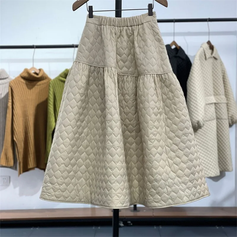 Lightweight down Cotton Half Skirt Women's Winter Design Elastic Waist Quilted A-Line Fluffy Umbrella Skirt Commute Style