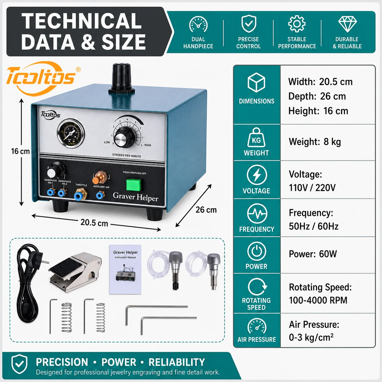 TOOLTOS 60W Dual Handpiece Pneumatic Jewelry Engraving Machine 100-4000RPM Foot Pedal Engraver for Stone Setting Metal Carving
