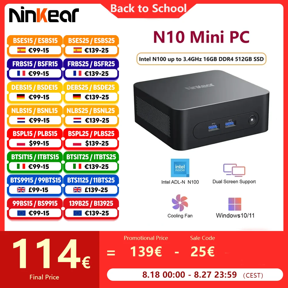 Ninkear N10 Mini PC Computer Intel N100 fino a 3.4GHz 16GB DDR4 512GB SSD WIFI HDMI 2.0*2 supporto WIindows a doppio schermo 11 /Linux
