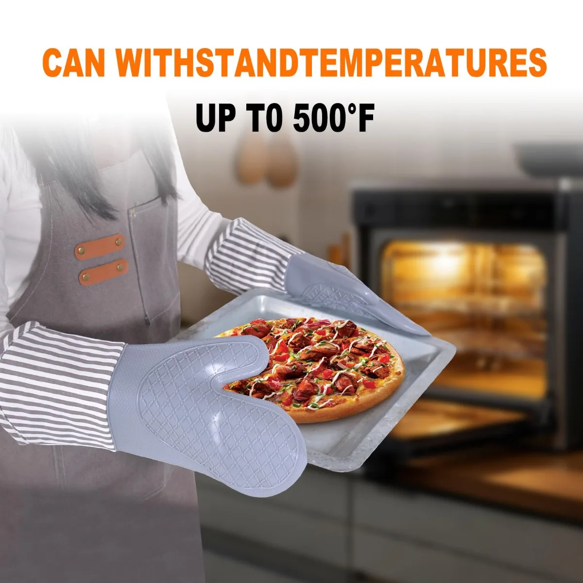 Silicone Oven Mitts Heat Resistant Oven Gloves with Quilted Liner Waterproof Non-Slip Kitchen Mittens for Baking Cooking BBQ