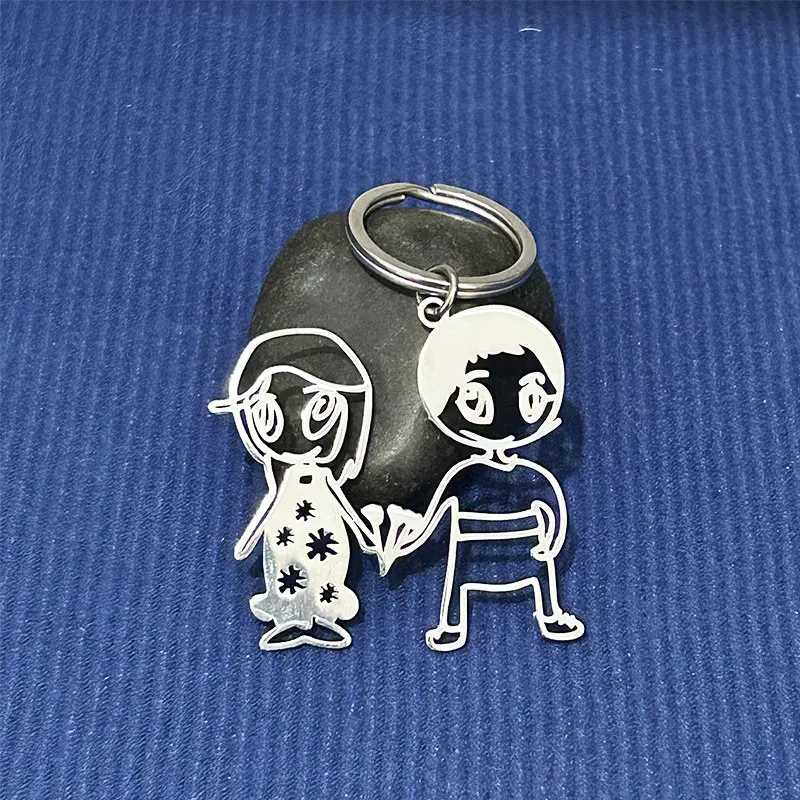 Custom Kids Drawing Personalized Keychain Children Metal Stainless Steel Graffiti Art Key Ring Family Birthday Jewelry Gifts