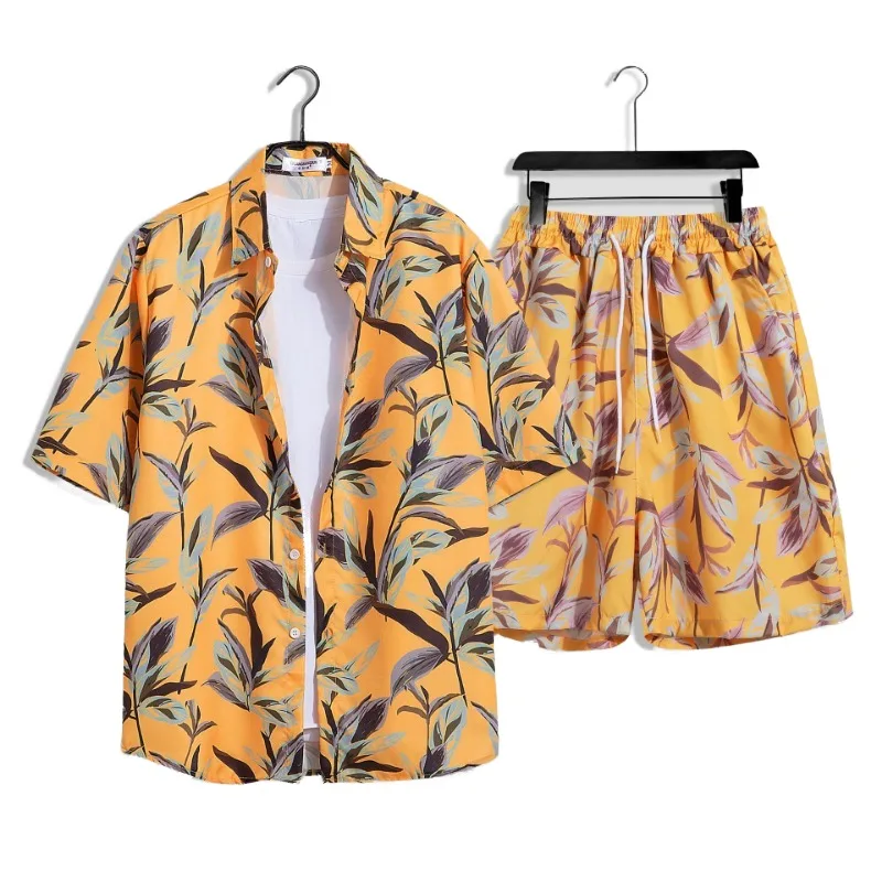 

Summer New Short-sleeved Shirt Men's Hawaiian Flower Shirt Casual Shorts Set