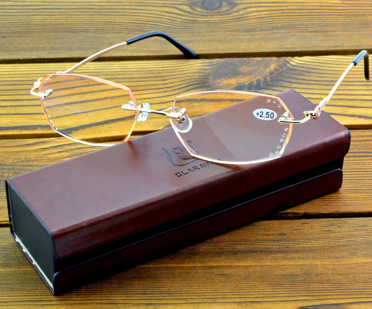 Gafas de lectura con lentes rosas sin montura para mujer, gafas sin montura con detalles de cristal, almohadillas suaves para la nariz +0,75 a + 4