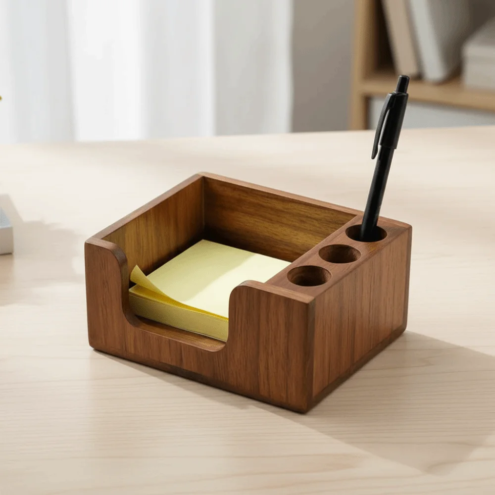 Nordic Style Wooden Desk Organizer 3 Pen Slots Non-slip Pen Holder Polished Surface Rectangular Sticky Note Stand Stationery