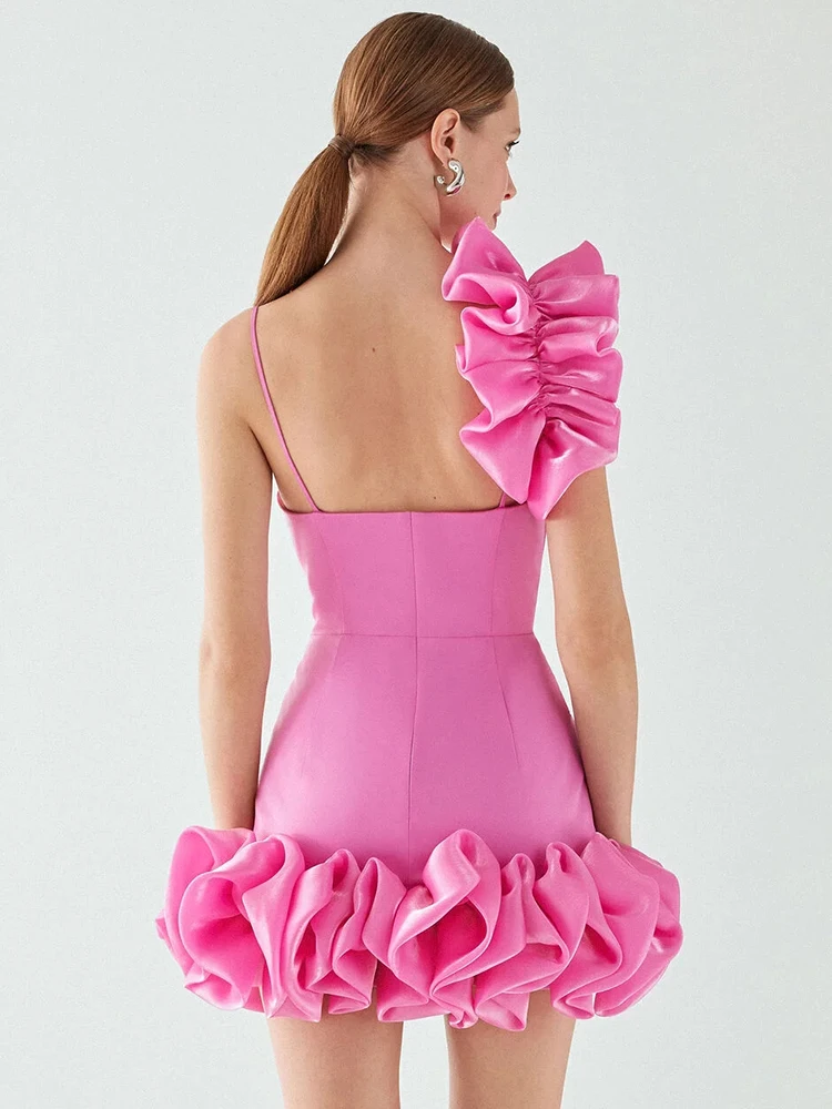 Eén schouder ruches ruches zoom Celebrity Bodycon Party roze Stero bloemenversiering riem korte jurk cocktailjurk