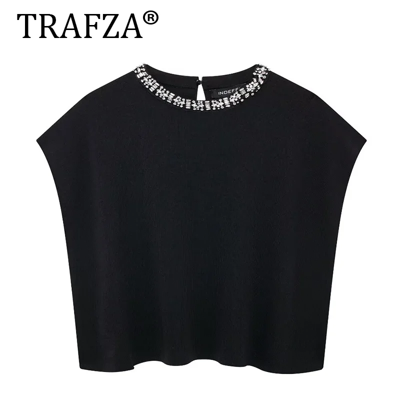 TRAFZA Vintage Chic Women Knitted T-Shirts Solid Short Sleeve Diamond O-Neck Top New Fashion 2024 Autumn Casual Vest Sweaters