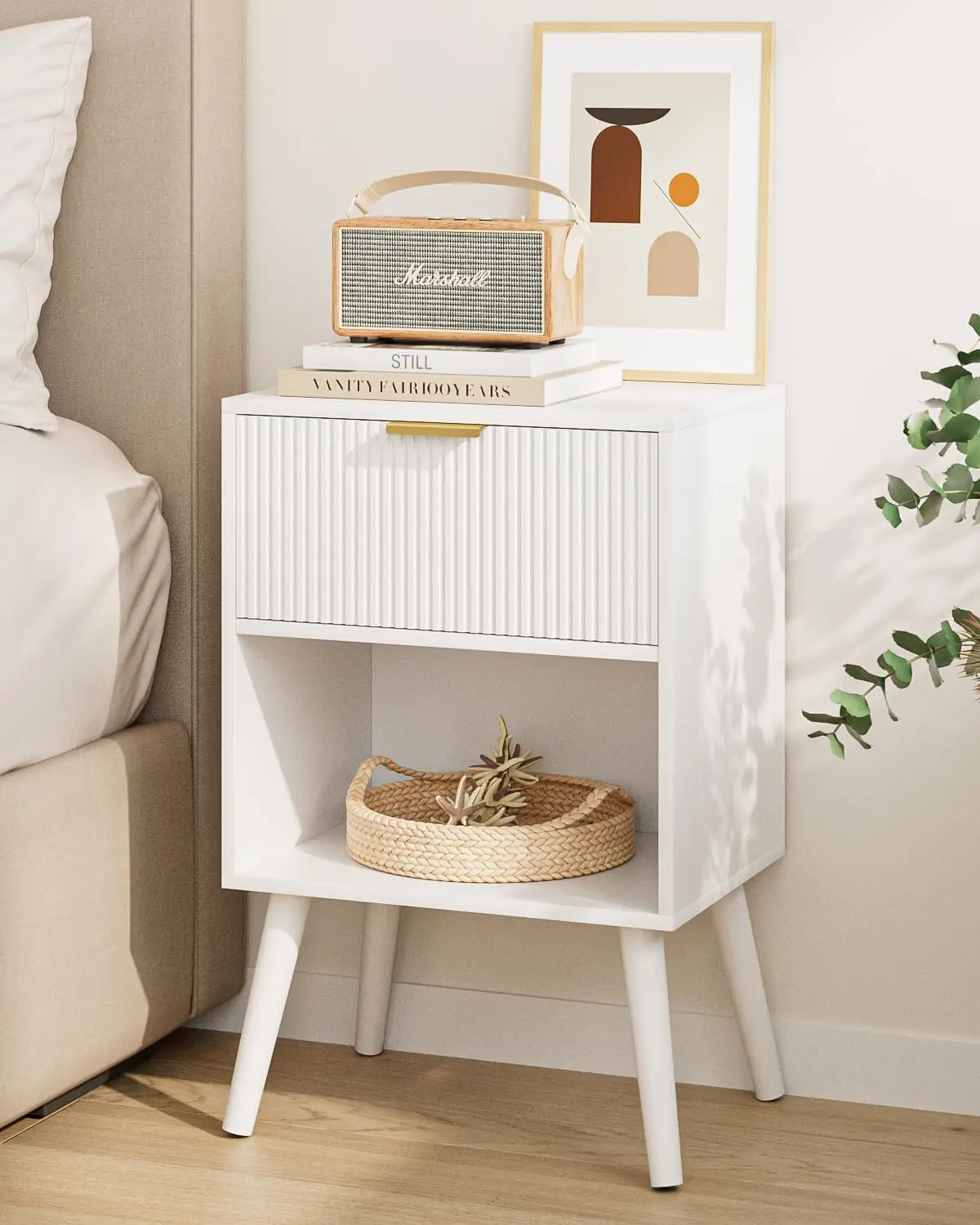 

Nightstand, Small Side Table, Bedside Table with Drawer, Modern Night Stand, End Table for Bedroom, Living Room (White Stripe