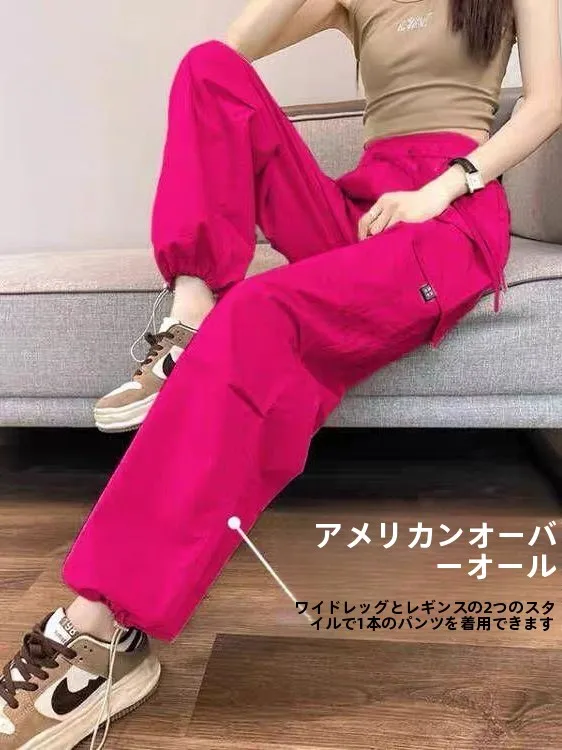 American Style High Waist Quick Dry Work Pants Women's Thin Wide Leg Pants Multiple Pockets Sports Casual Pants