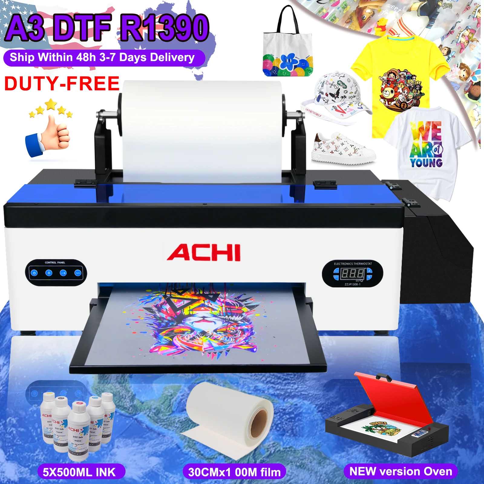 

US STOCK ACHI A3 DTF Roll Printer Direct to Film For T-shirt A3 R1390 Head 500ML DTF INK+ Powder+ Oven DTF Printer US STOCK