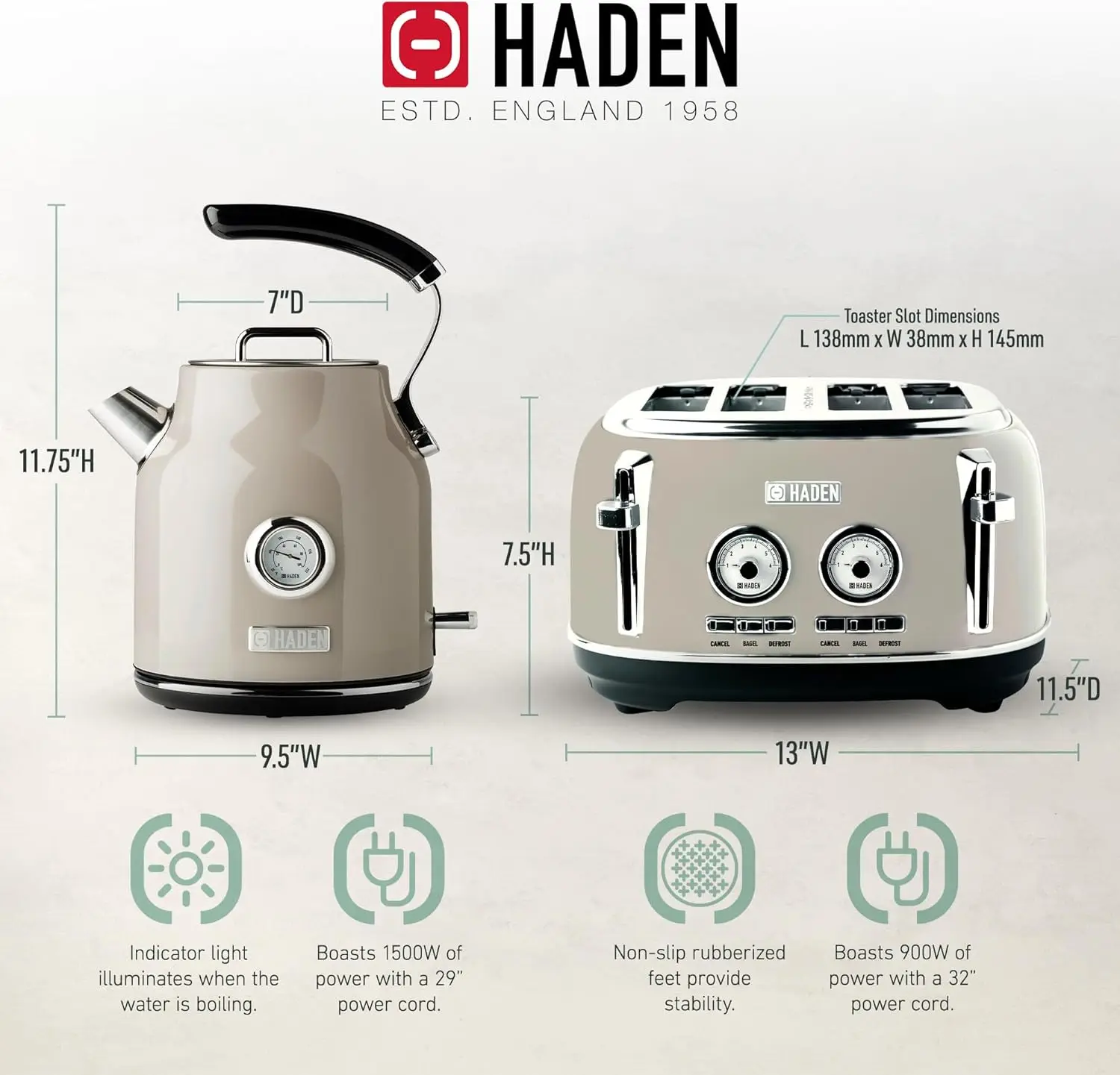 Wide Slot Stainless Steel Toaster Bundled with 1.7 Liter Stainless Steel Electric Kettle with 360-Degree Base, Putty & Chrome