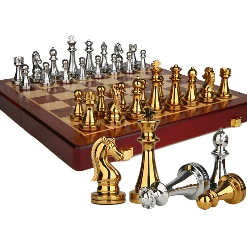 Deluxe Chess Set with Solid wood board and Standard Metal Retro pieces Ideal for Professional Players Toys for Kids and Adults