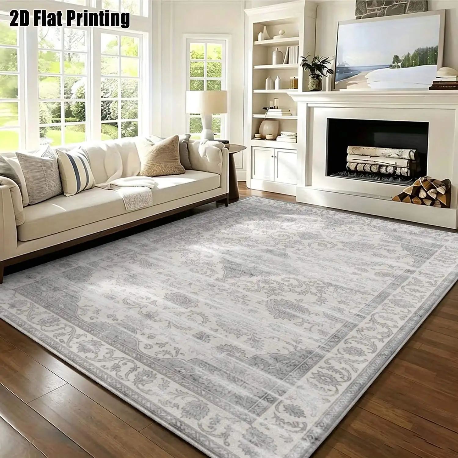 1Pc 2D Printed Gray Retro Scroll Pattern Carpet: European Style Home Decor Mat, Machine Washable, Multi-Size for Multi-Scene Use