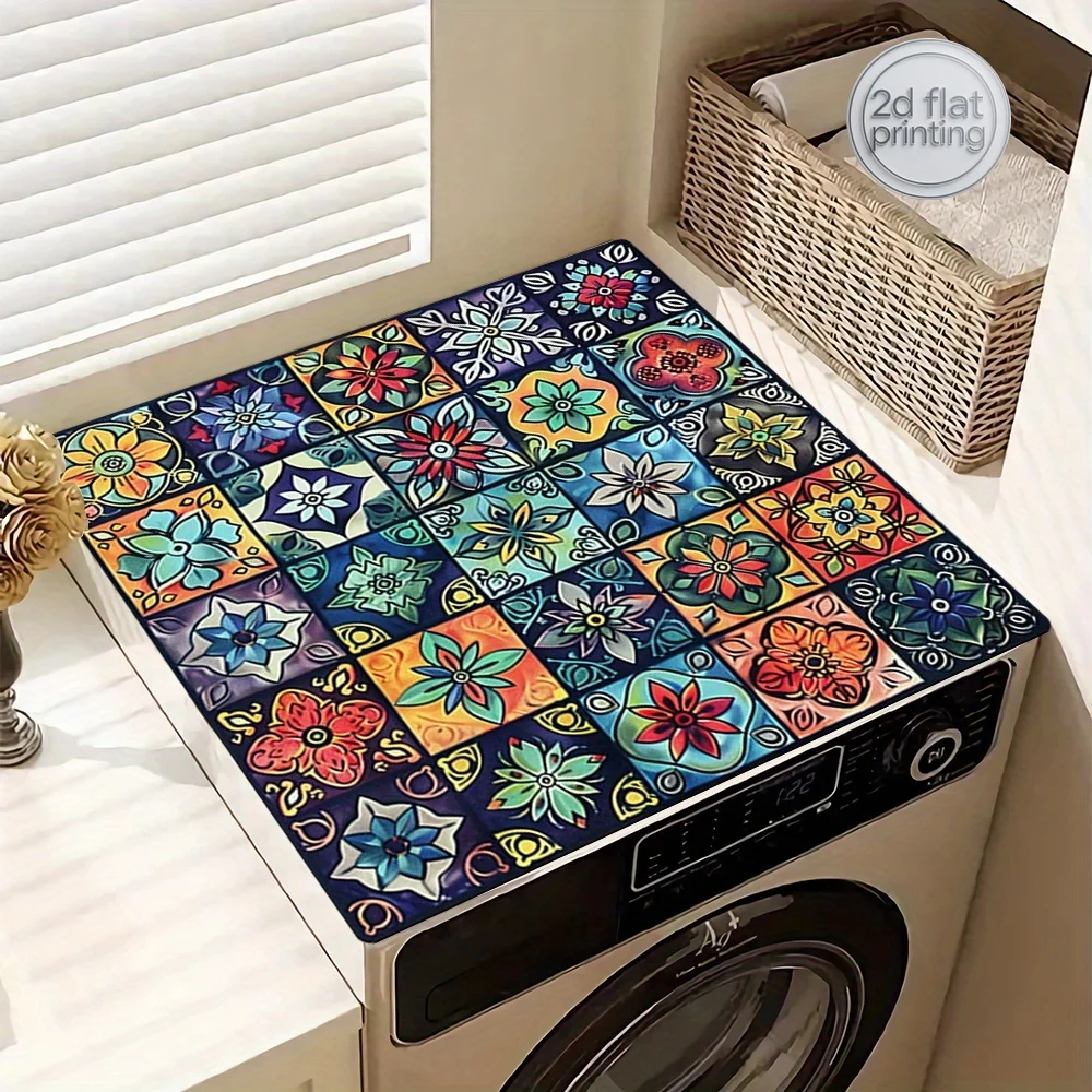 Non-Slip Geometric & Floral Washer/Dryer Mat - Protective Dust Cover for Laundry Appliances - Polyester - Ideal for Home & Bathr