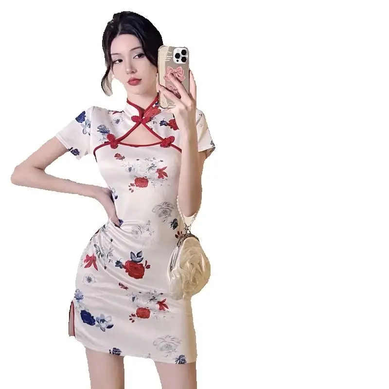 

Женское платье в китайском стиле, элегантное облегающее мини-платье с цветочным принтом в Корейском стиле