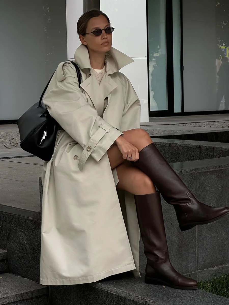 

Bornladies New Autumn Winter Women's Retro Long Trench Coat Office Lady Loose Belted Waist Fahsion Outerwear Jackets