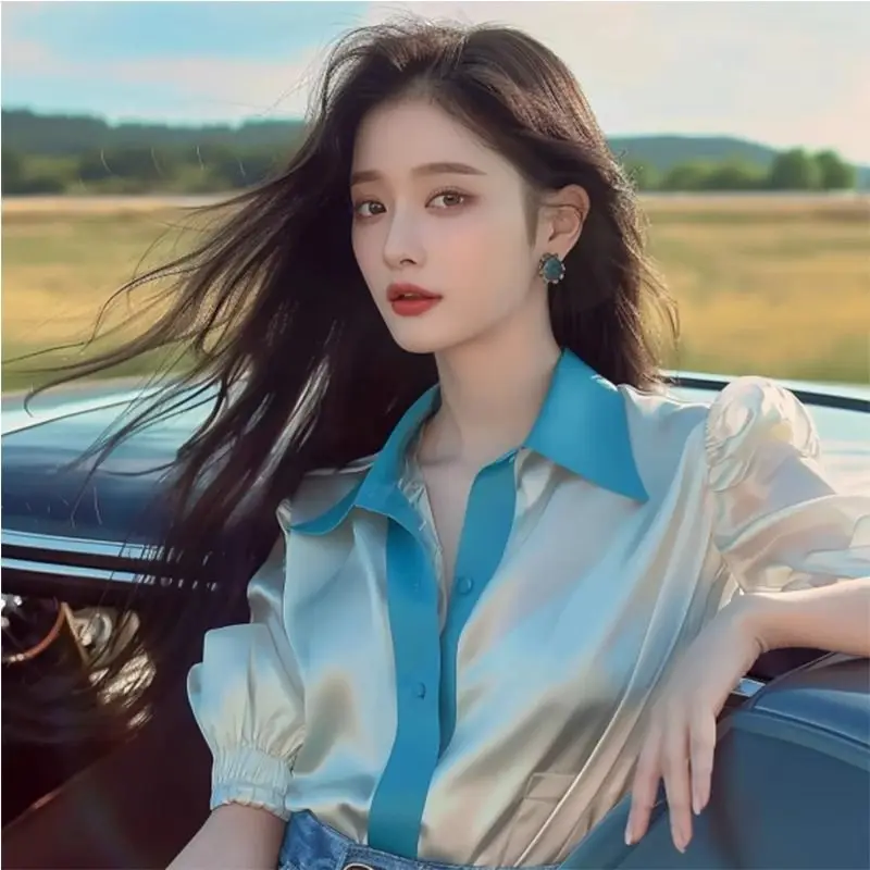 

Women's New Summer Blue Satin Shirt with Design Sense French Style