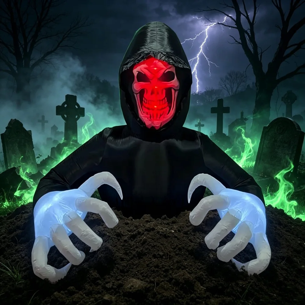 1.8M Inflatable Black Hat Red Glowing Skull Face Death God Built-in LED Light Suitable For Courtyard Lawn Doorstep Decoration