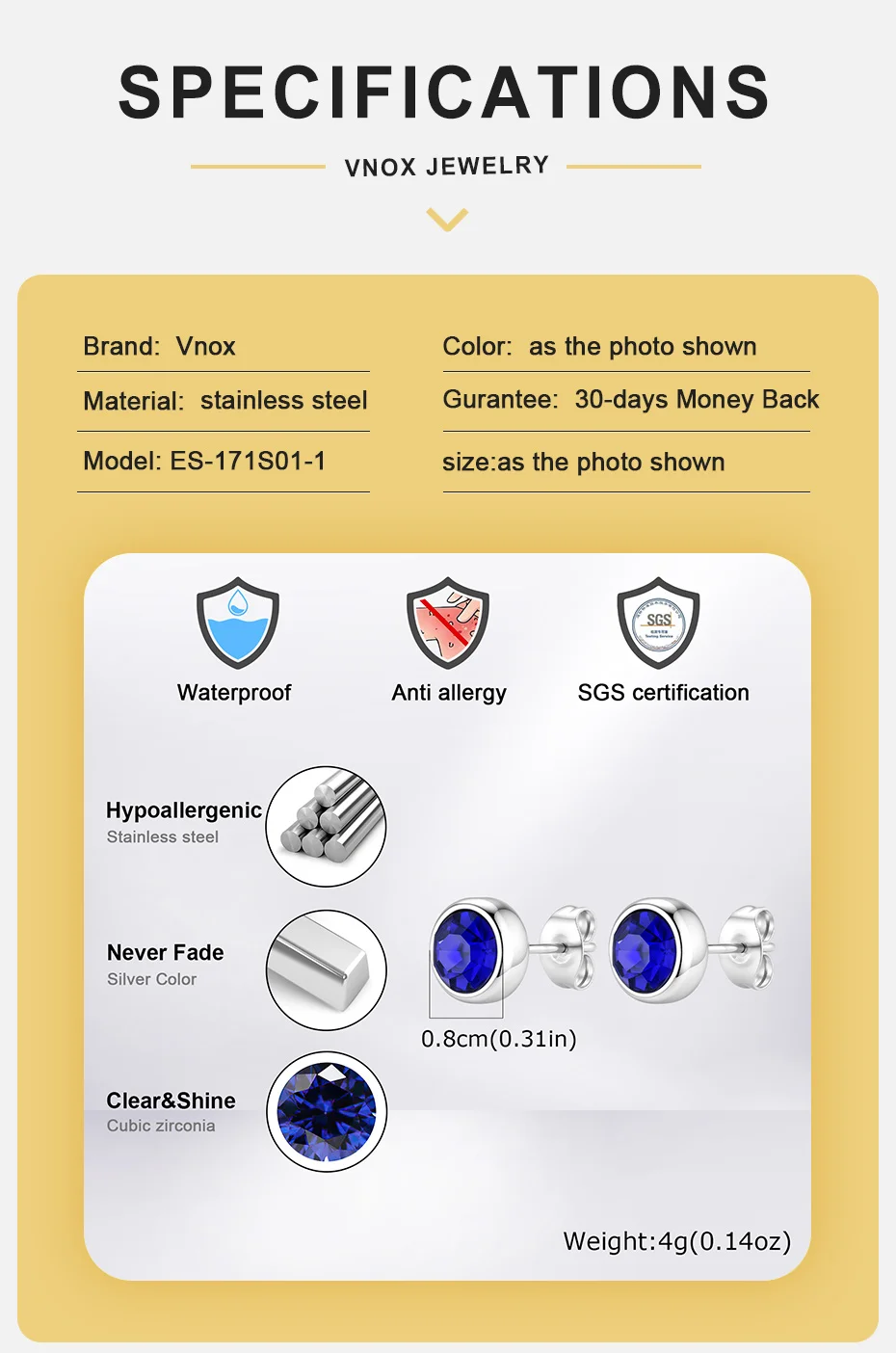 Vnox Herren-Ohrstecker mit rundem Zirkonia-Einsatz, 8 mm, aus Edelstahl, mit blauem, klarem Zirkonia, hypoallergener Piercingschmuck. – Detail 4