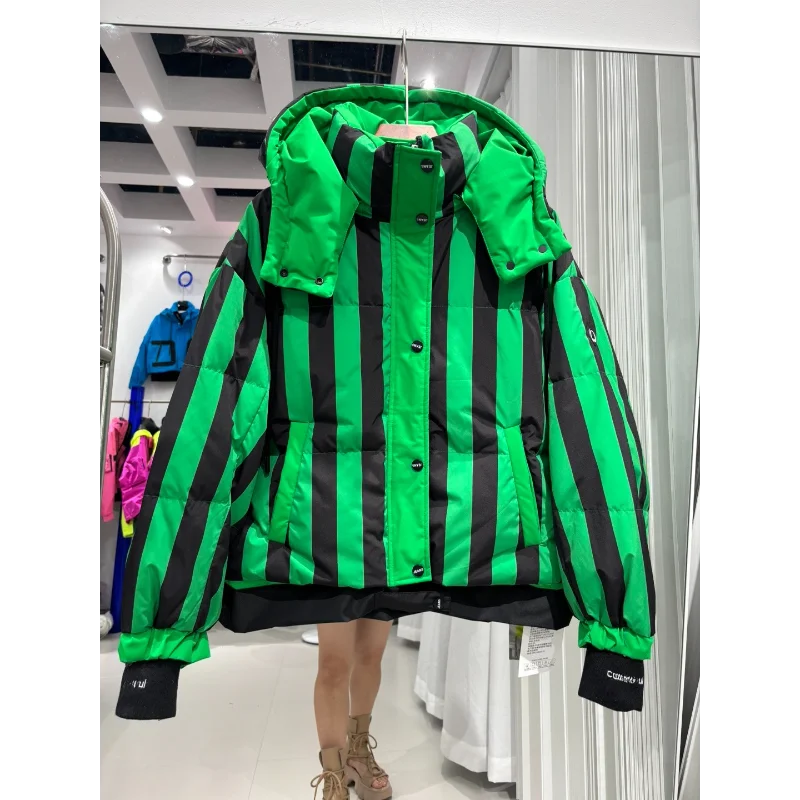 ストライプショートダウンジャケットレディースフード付きメイラードブレッドジャケット韓国人気服レディースコート