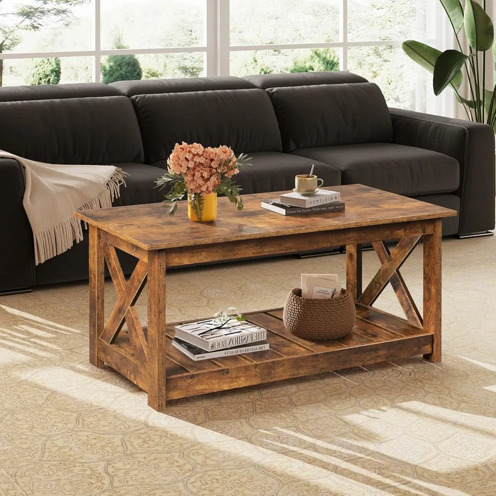 Mesa de centro, mesa de centro de granja 40.1 con estante de almacenamiento de láminas y marco en forma de X, mesa central de madera de 2 niveles para sala de estar