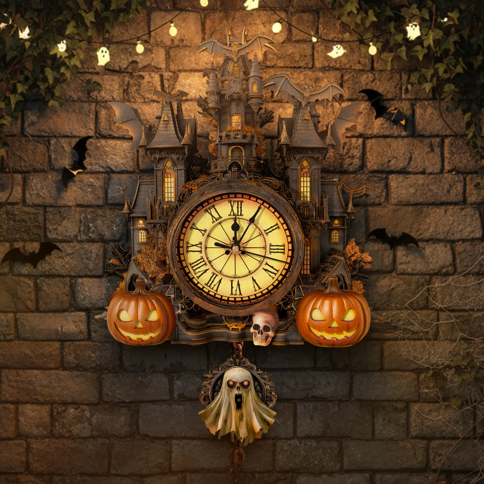 DIY Wooden Halloween Cottage Mechanical Clock Miniature Model Kits Jigsaw Puzzles Casa Dollhouse for Friends Christmas Gifts