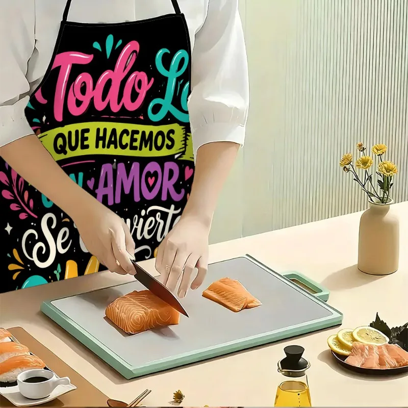 1pc 2D Flat Unisex Chef Apron, Black Background Spanish Inspirational Heart Flower Star Print for Baking, BBQ & Household Use