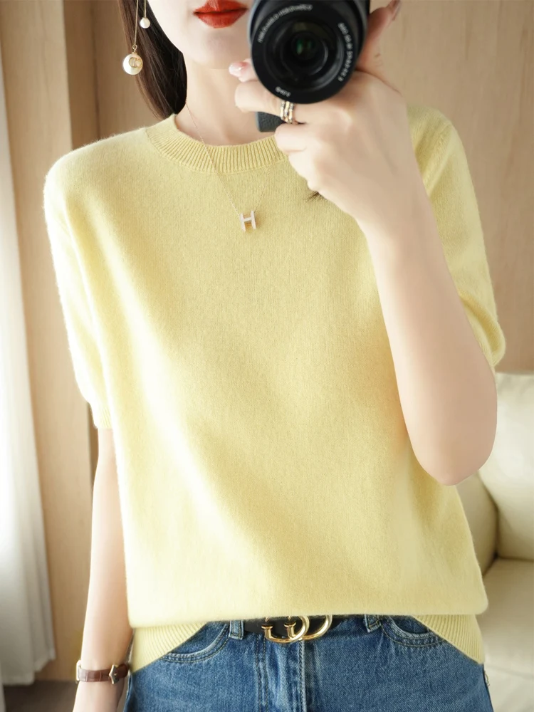 New Chic Women Summer T-shirt O-neck Short Sleeve Pullover Sweater Merino Wool Knitwear Basic Soft Clothing Korean Style Tops