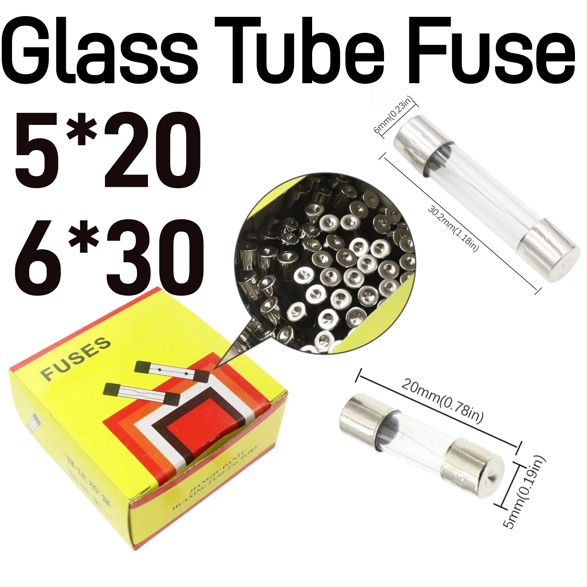 100Pcs Fast Blow Glass Tube Fuses 5*20mm 6*30mm 250V 0.1A-30A Quick Acting Glass Fuse 5x20 6x30mm